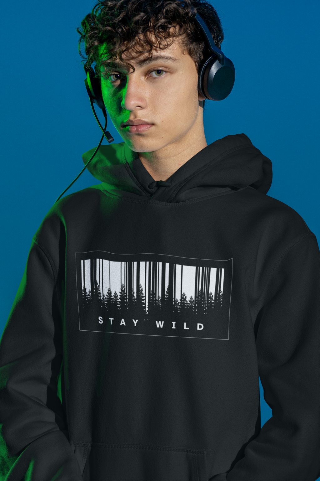 Stay Wild Hoodie – Forest Barcode Design | Black Streetwear