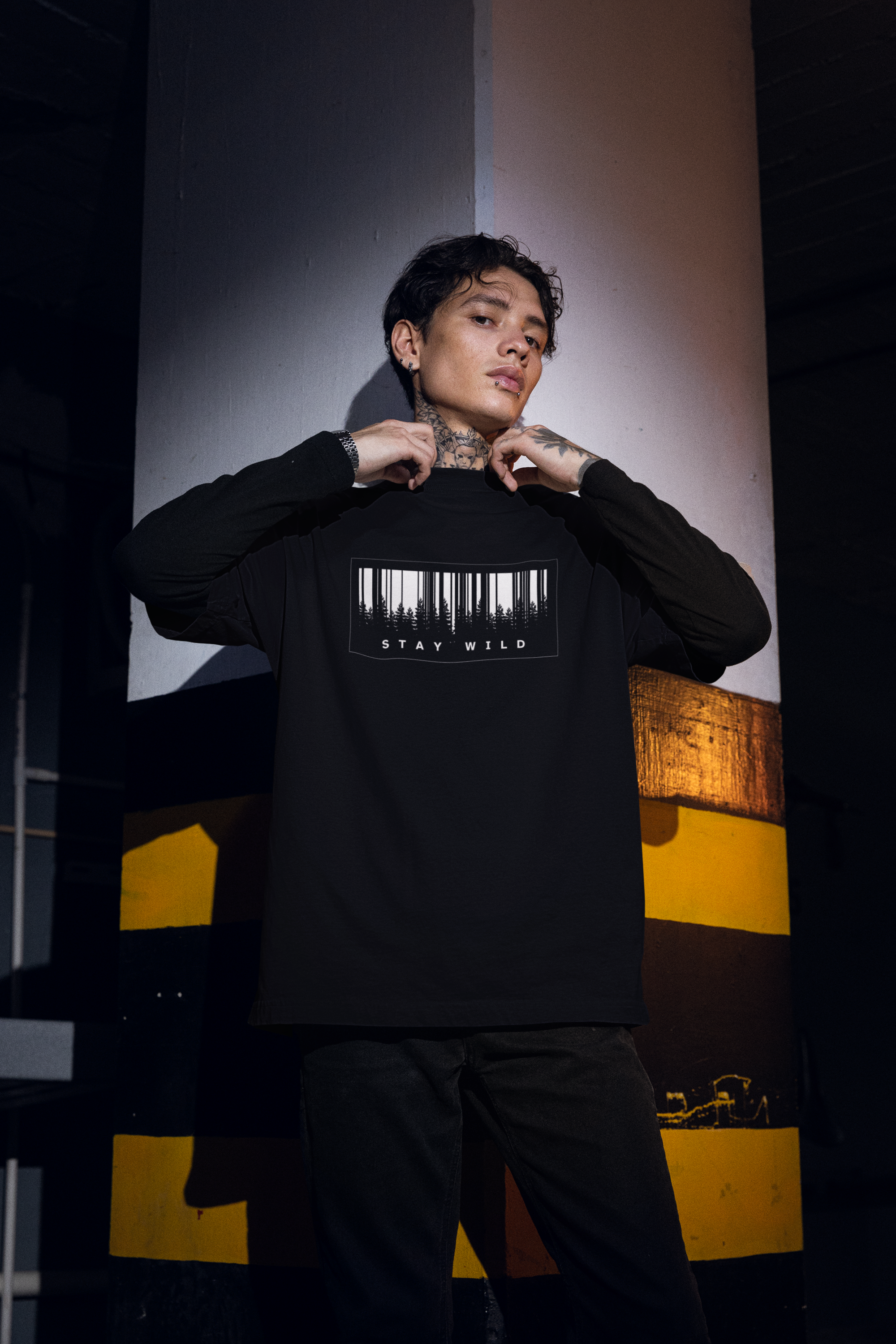 Stay Wild Oversized T-Shirt – Black Barcode Forest Graphic Tee | Unisex Streetwe