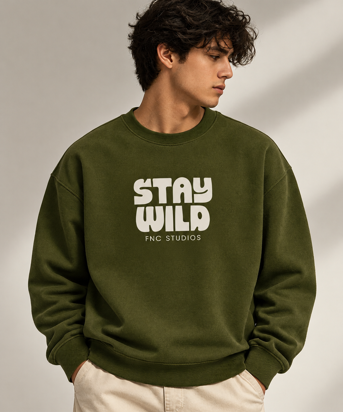 Stay Wild Oversized Sweatshirt – Olive Green | FNC Studios